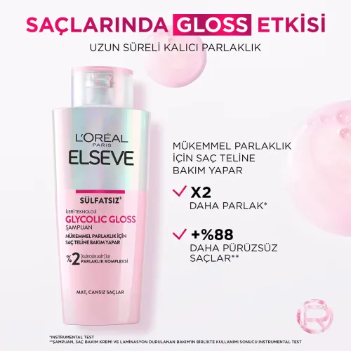 L'Oreal Paris Elseve Glycolic Gloss Mükemmel Parlaklık için Bakım Yapan Şampuan 200 ml